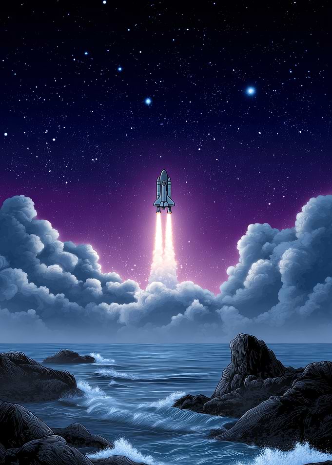 Space Shuttle Launching into Starry Sky