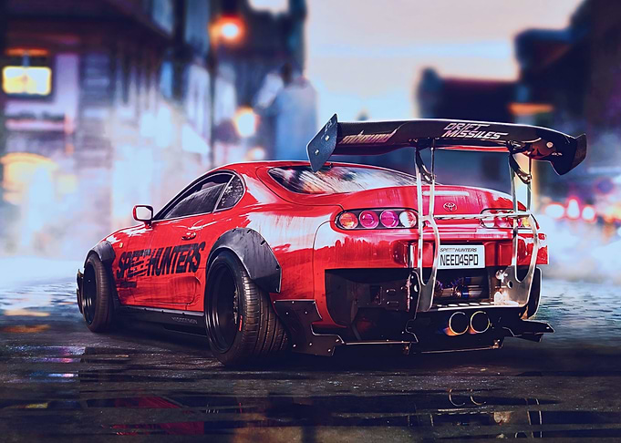 Red Toyota Supra on Wet Street