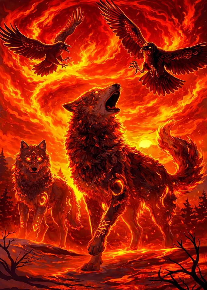 Fiery Wolves and Ravens Illustration