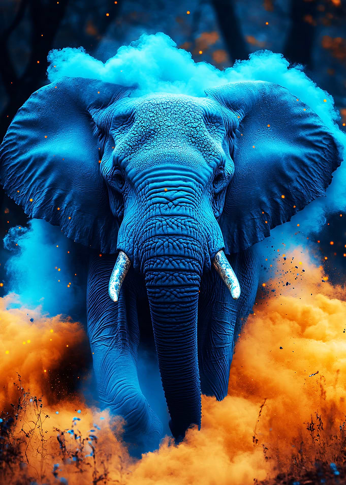 Blue Elephant in Colorful Smoke