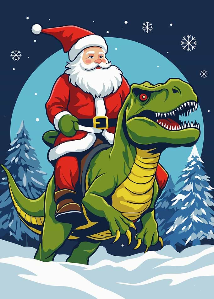Santa Claus riding a dinosaur