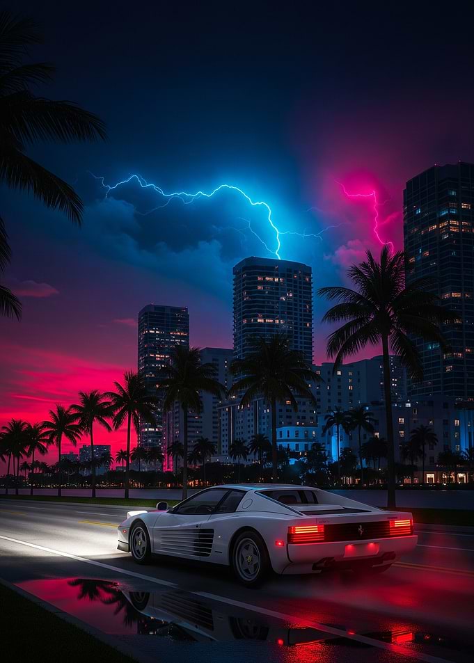 Miami Vice Ferrari Testarosa Car, City, and Lightning
