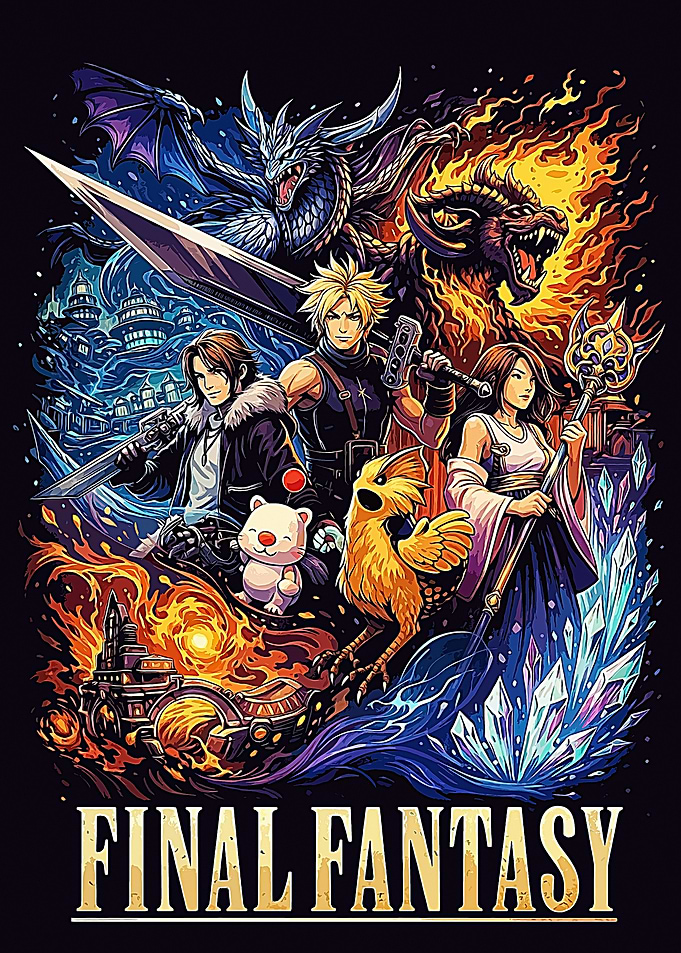 Final Fantasy characters and dragons art