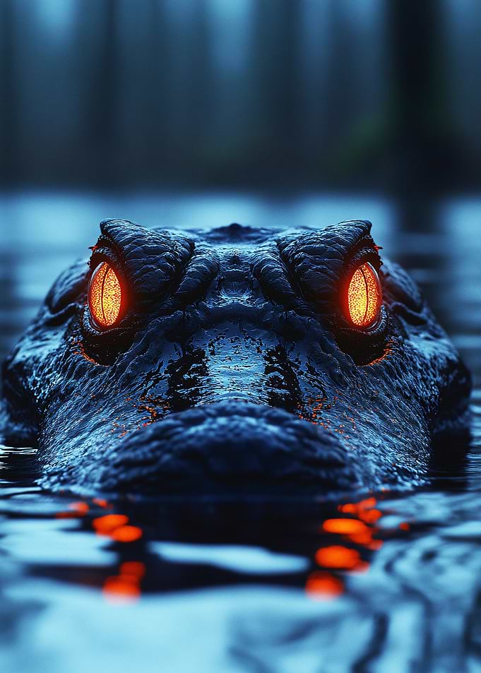 Alligator with Glowing Eyes in Water