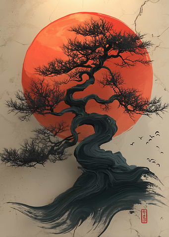 Bonsai Tree with Red Sun