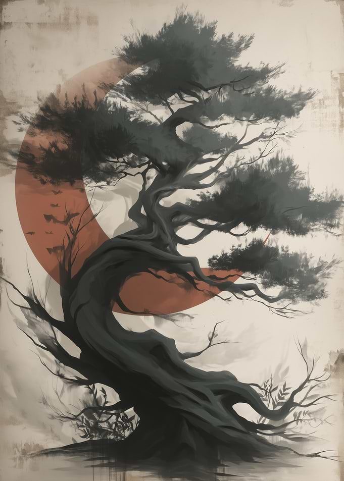 Bonsai Tree with Rising Sun