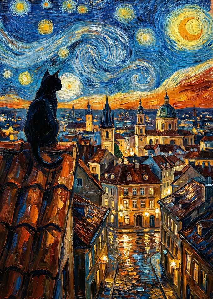 Black Cat Prague Starry Night Painting