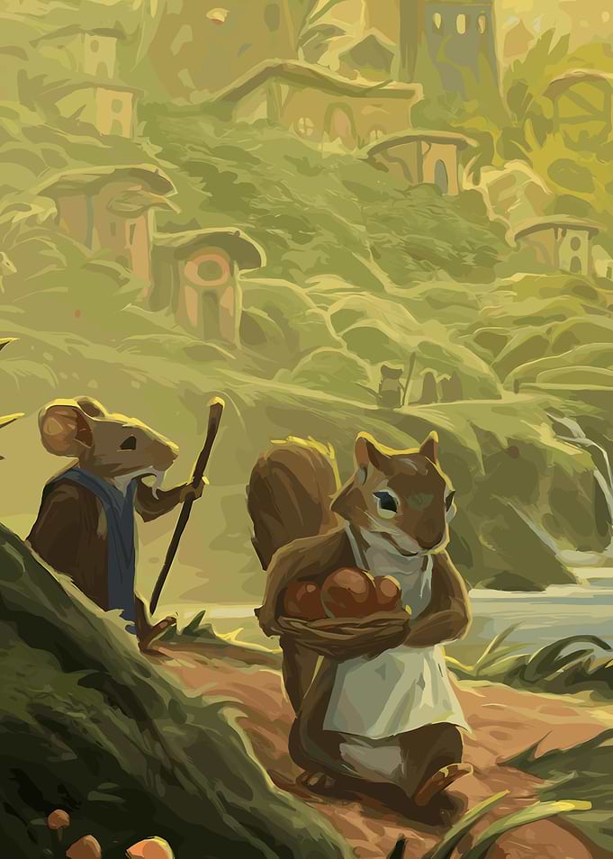 Squirrel and Mouse in Village Illustration
