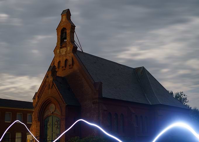 Old Amrum Church in the night with light painting - long exposure