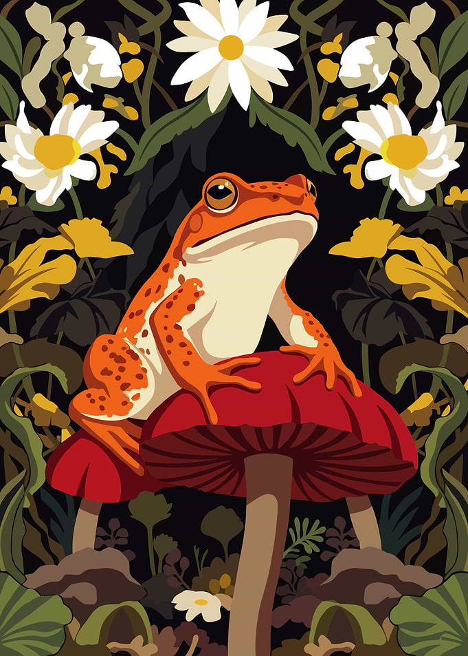 Orange Frog on Mushroom Art Nouveau