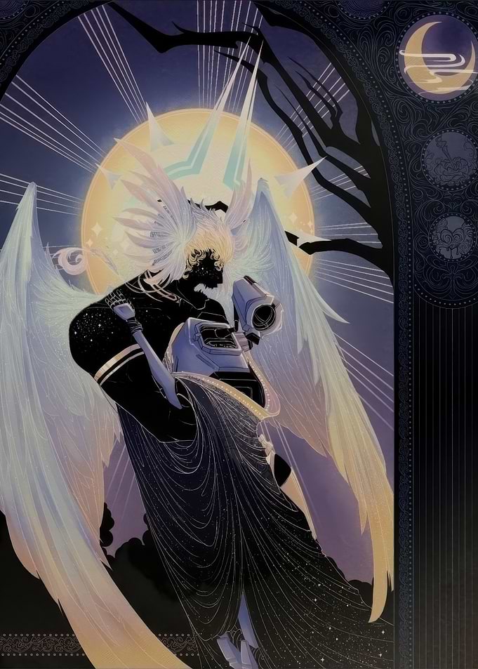 Winged Figure with Glowing Moon Background