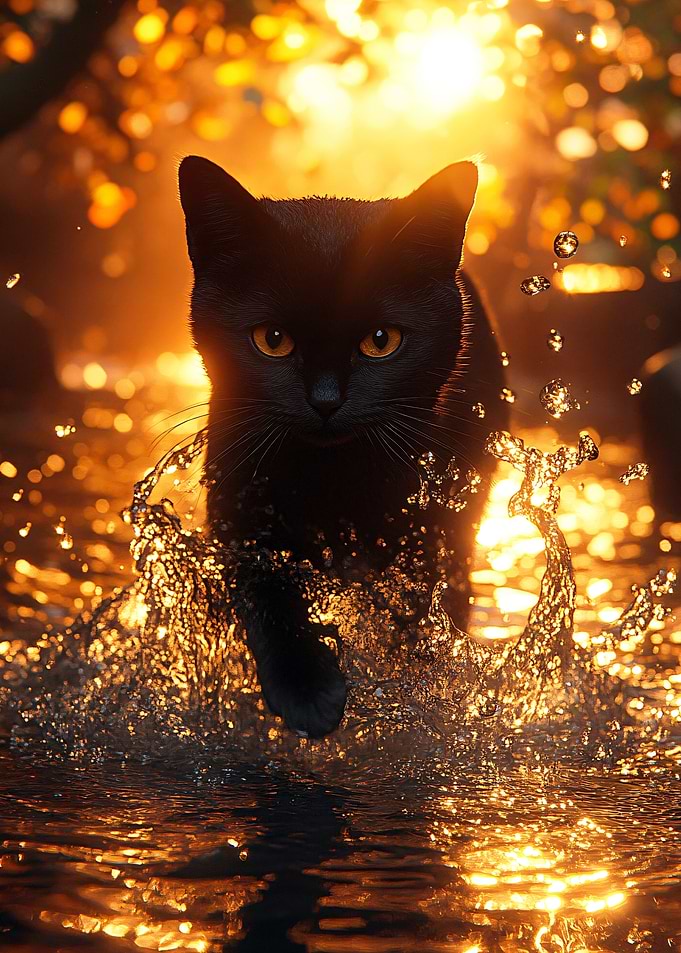 Black Cat Walking Through Golden Water