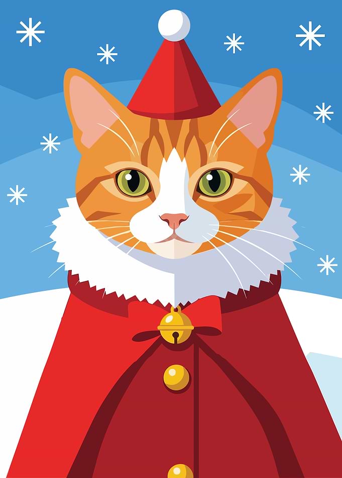 Festive Cat in Winter Scene
