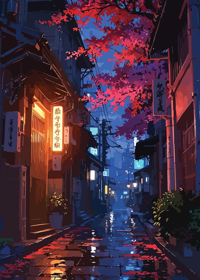 Japanese Street at Night with Cherry Blossoms