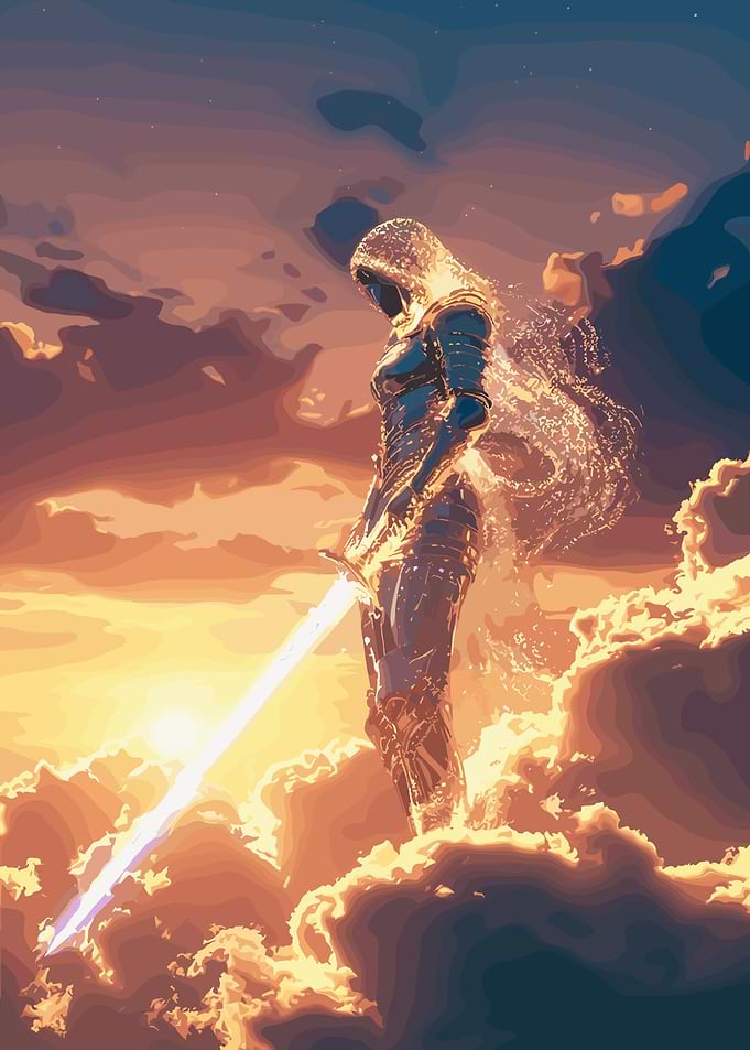 Armored Figure with Sword in Clouds
