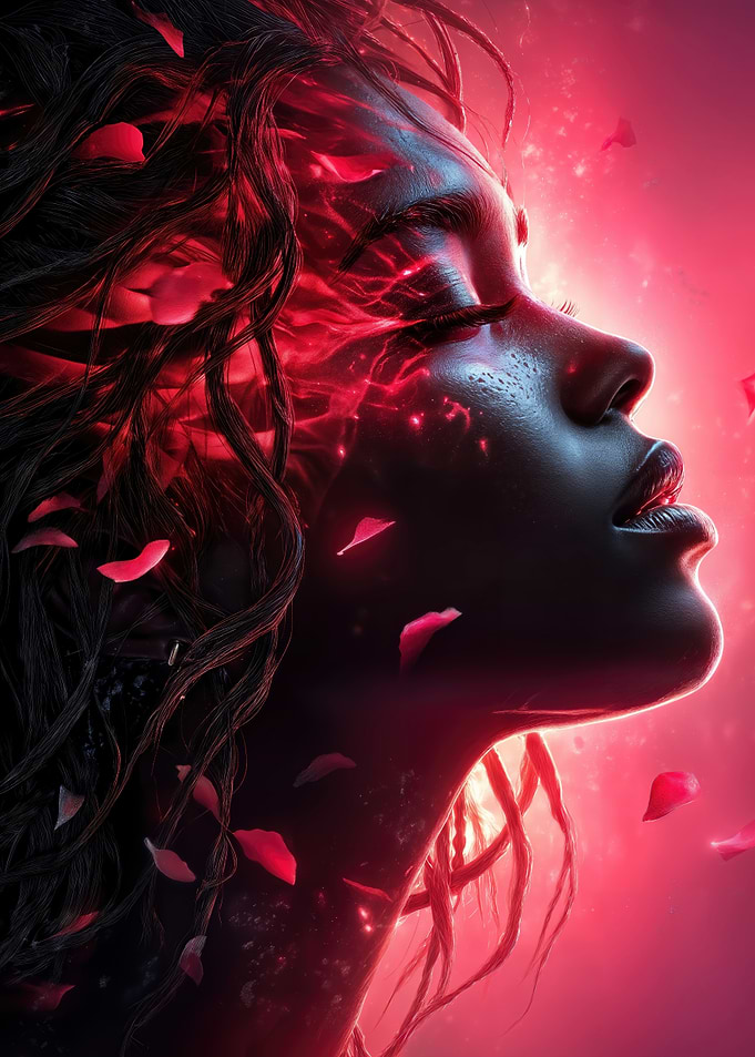 Woman in Red with Rose Petals