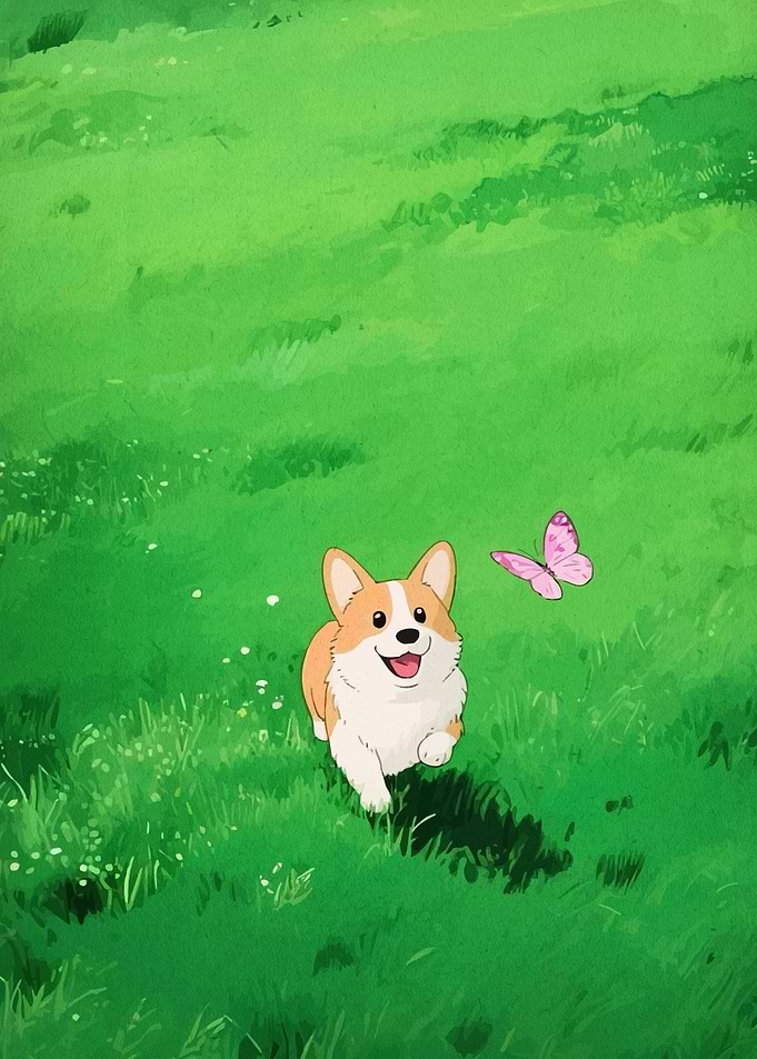 Corgi and Butterfly in Green Field
