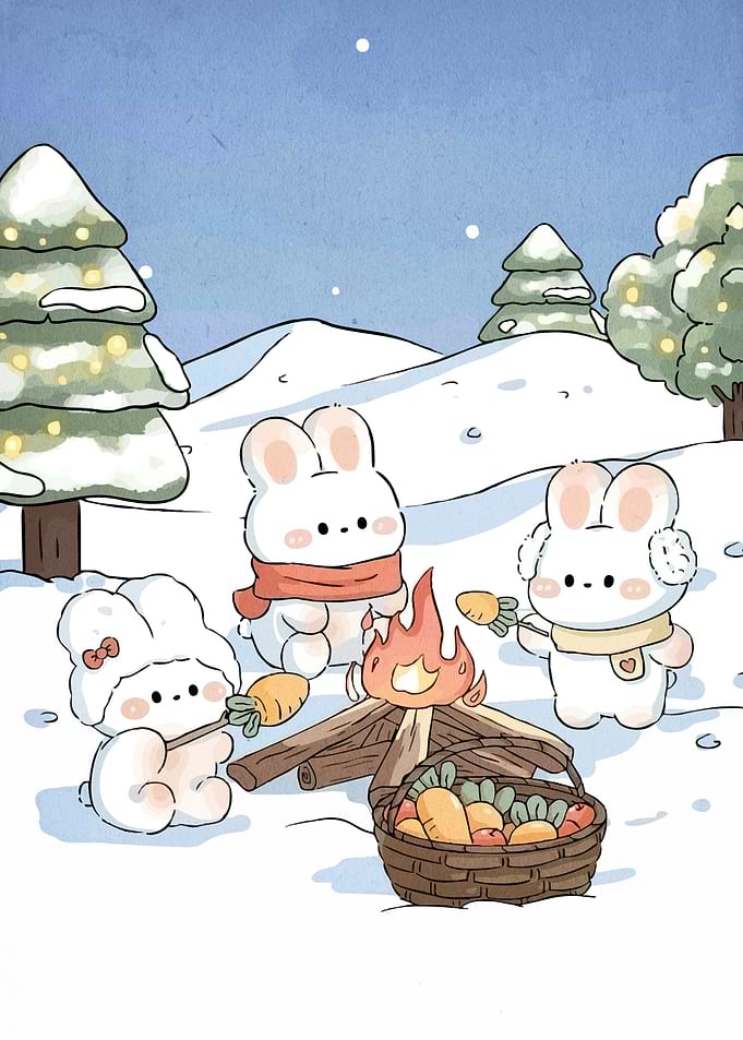 Winter Campfire Cute Bunnies