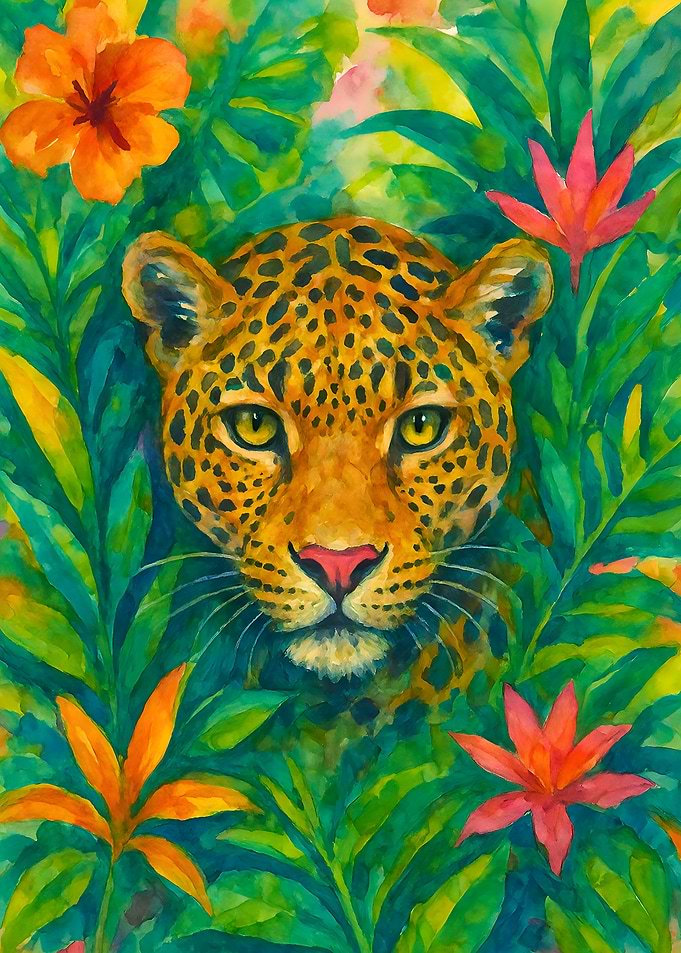 Watercolor Leopard in Tropical Foliage