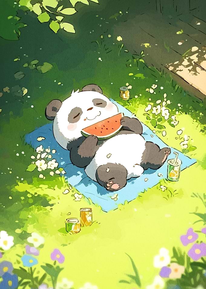 Panda eating watermelon in a meadow