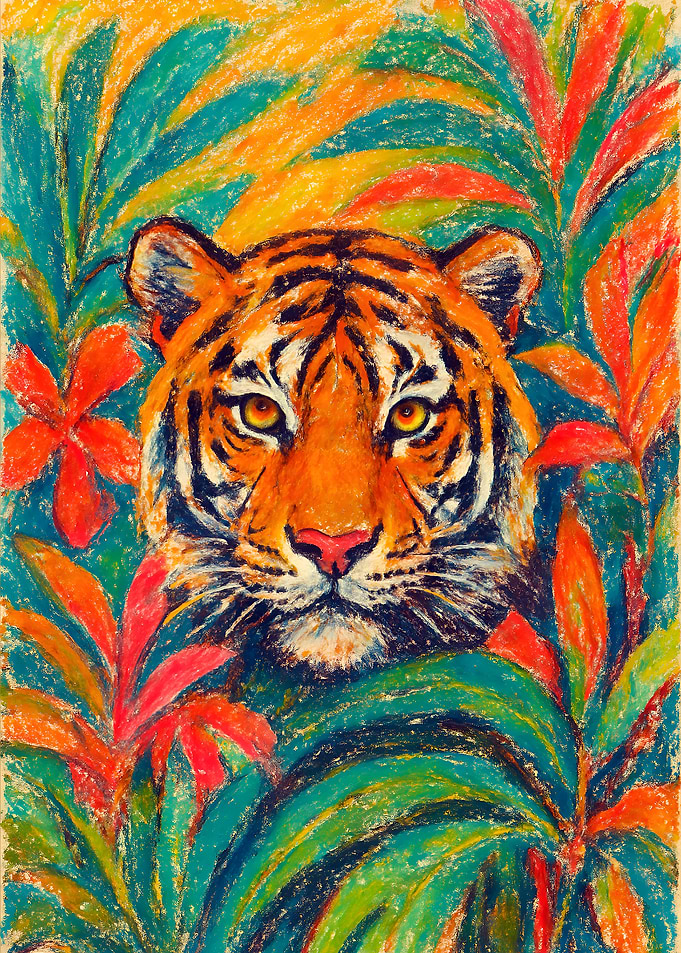 Tiger in Tropical Foliage Pastel Art