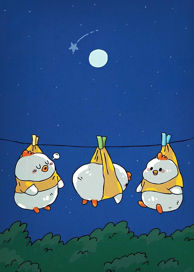 Cartoon Chickens Hanging on Clothesline at Night