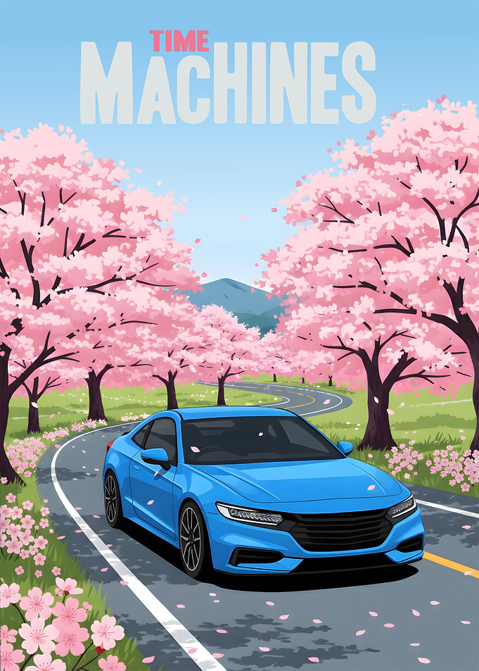 Blue Car Under Cherry Trees