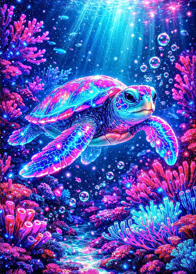 Neon Turtle Underwater Coral Reef