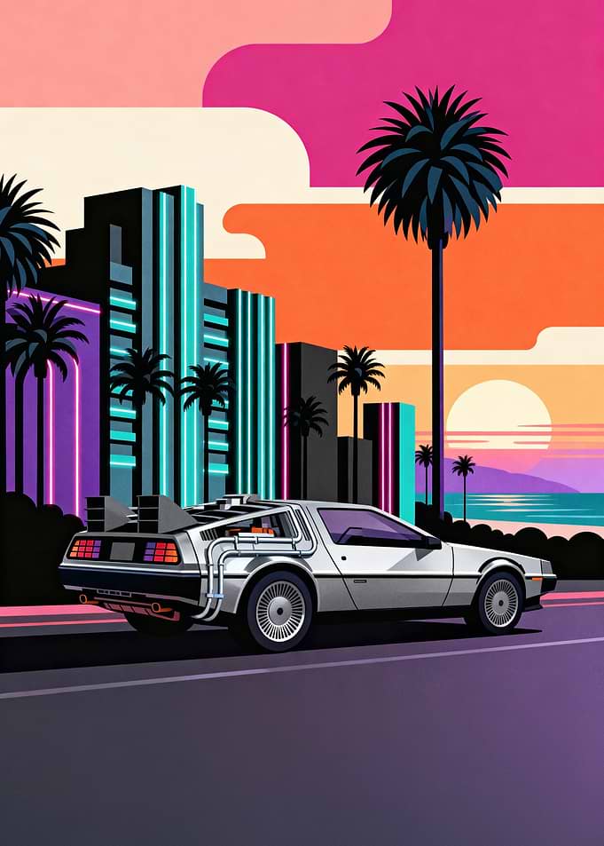 DeLorean in a Retro Cityscape