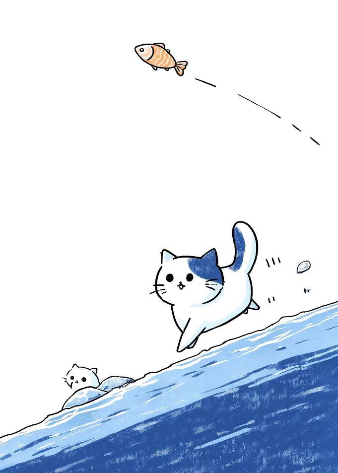 Cats chasing fish cartoon illustration