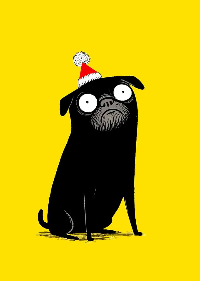 Cartoon Pug with Christmas Hat