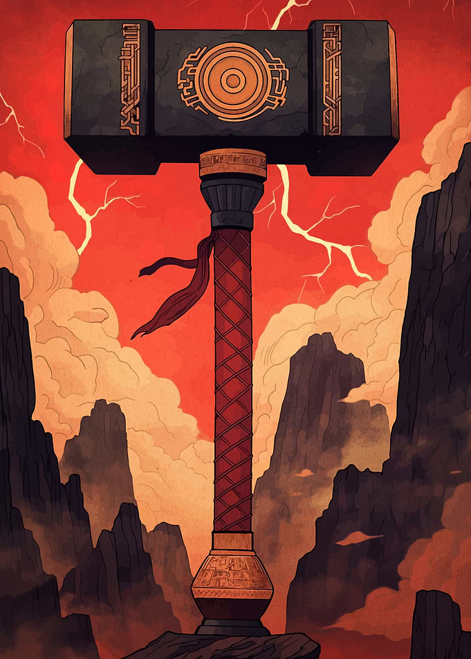 Mjolnir Hammer in a Stormy Landscape