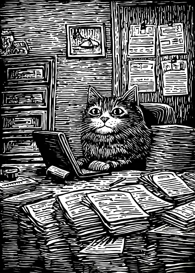 Cat at Desk with Laptop