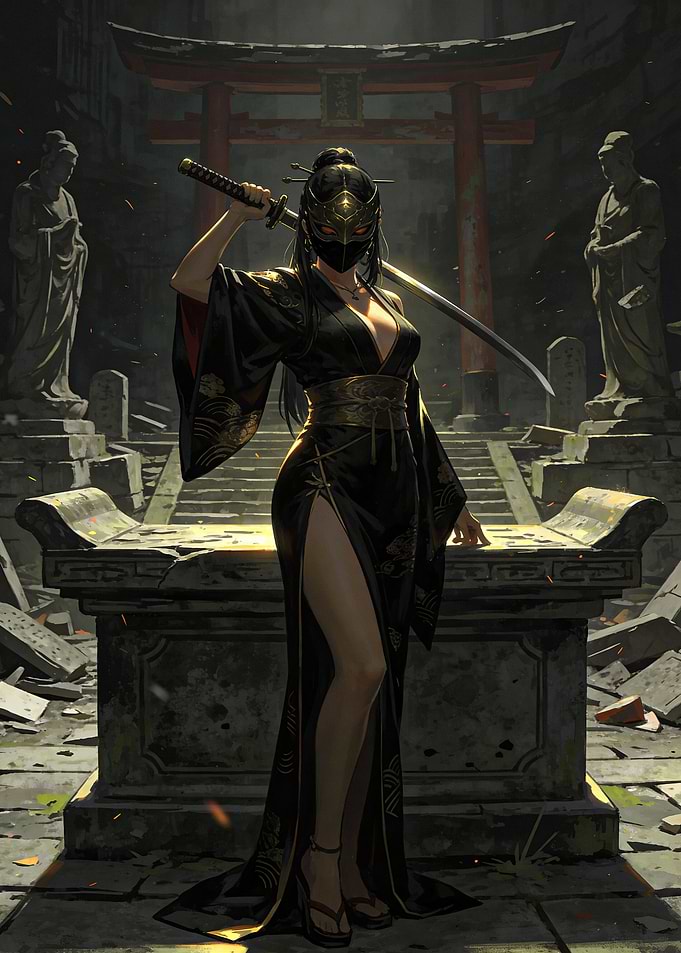 Female Ninja with Katana in Temple