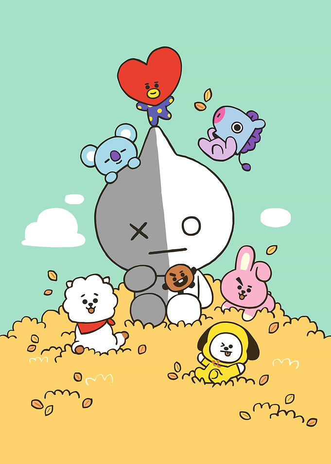 BT21 characters in autumn leaves