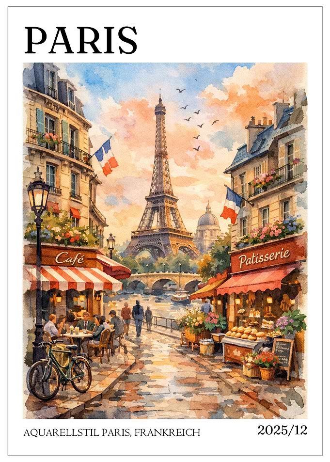 Paris Watercolor Painting with Eiffel Tower