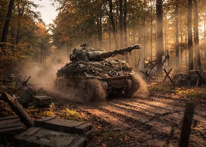 Camouflaged Tank in Autumn Forest