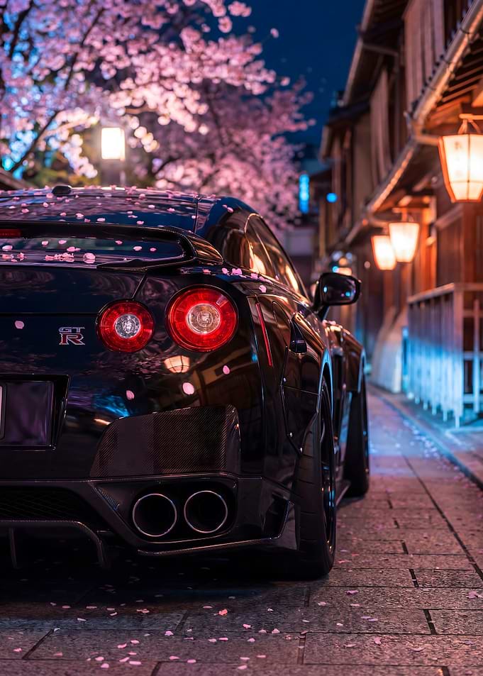 Car Nissan GT-R R35 Night Cherry Blossoms