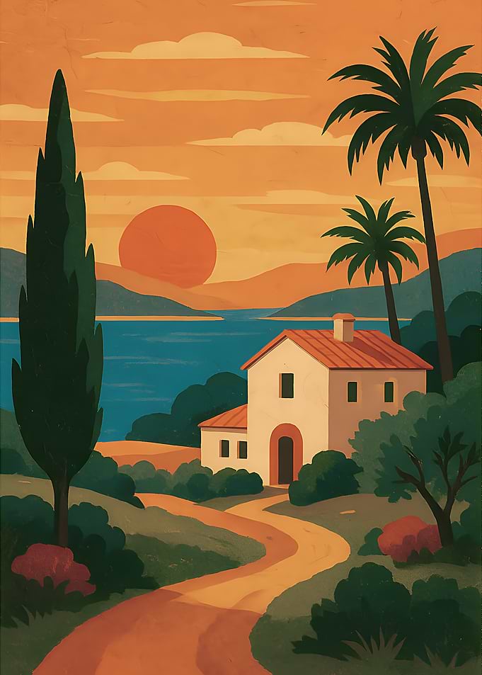 Mediterranean landscape with house and sunset