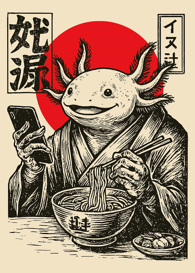 Axolotl Monk Eating Noodles Poster, Japanese Cute Art, Anime Axolotl Wall Print