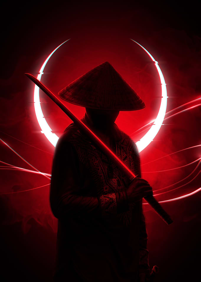 Red Samurai with Katana and Moon