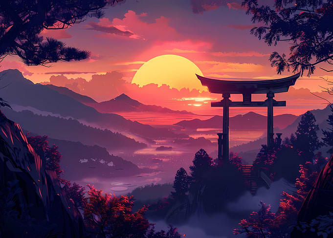 Japanese Torii Gate Sunset Landscape