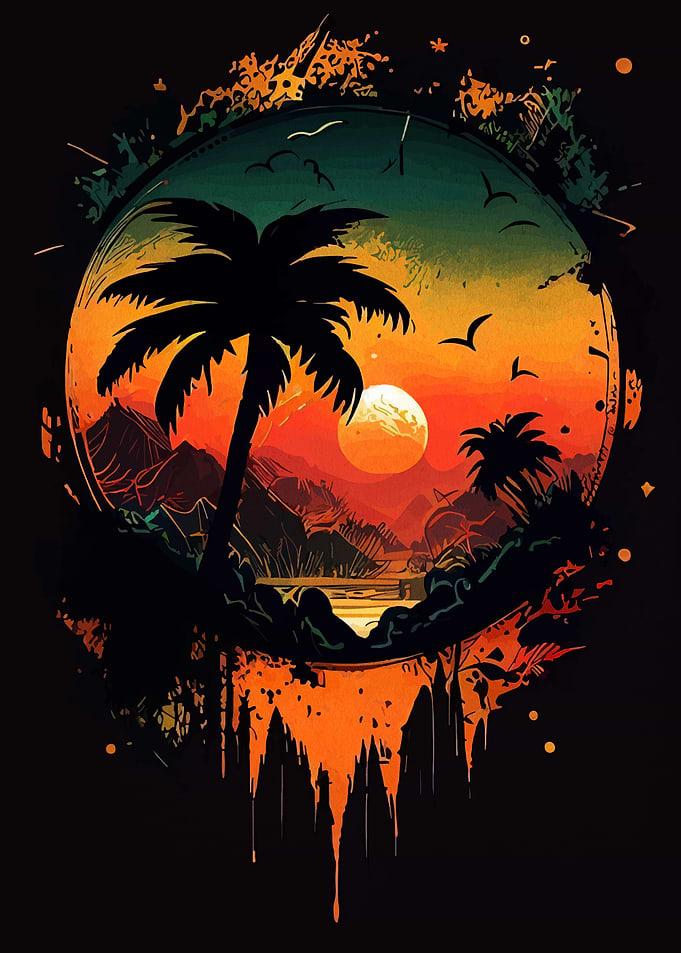 Tropical Sunset Palm Tree Silhouette Art