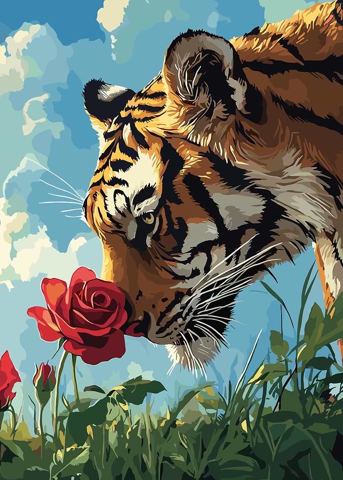 Tiger Sniffing Rose Digital Art