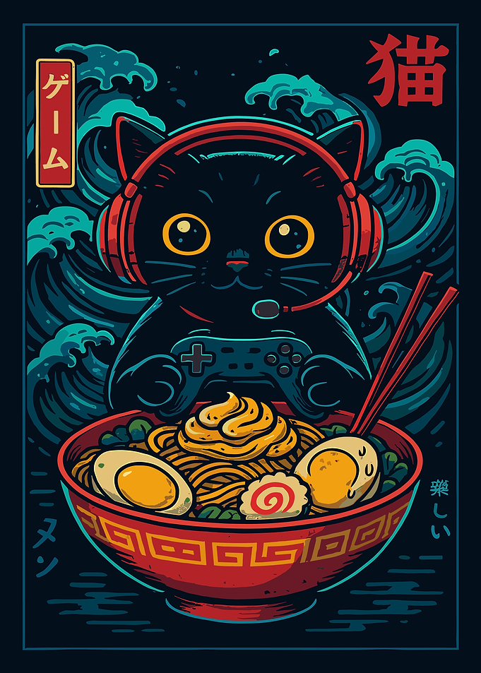 Gamer Cat with Ramen Bowl