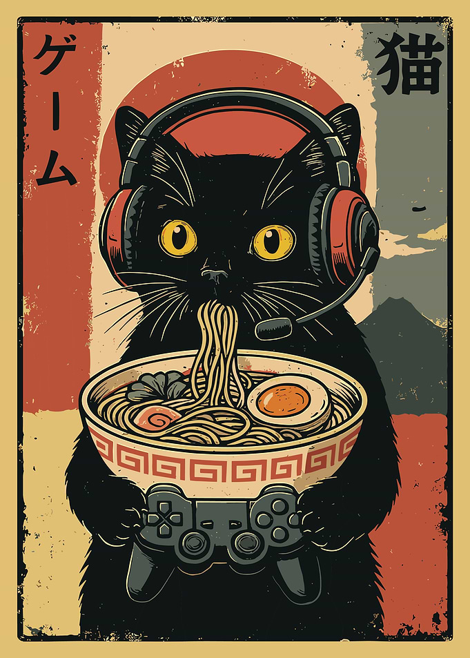 Gamer Cat with Ramen and Controller