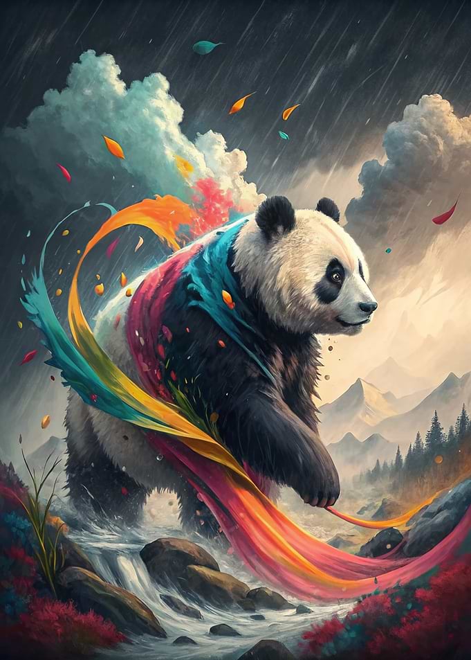 Rainbow Panda in Mountain Landscape