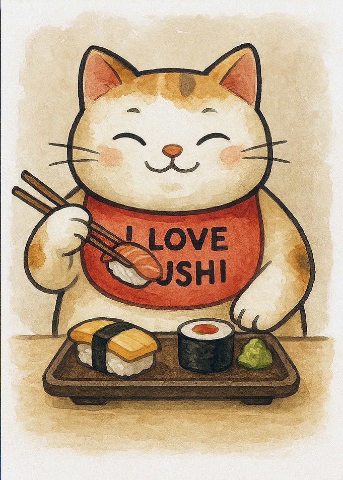 Cat Eating Sushi Watercolor Illustration
