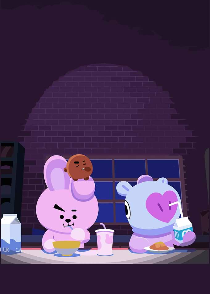 BT21 characters eating indoors at night