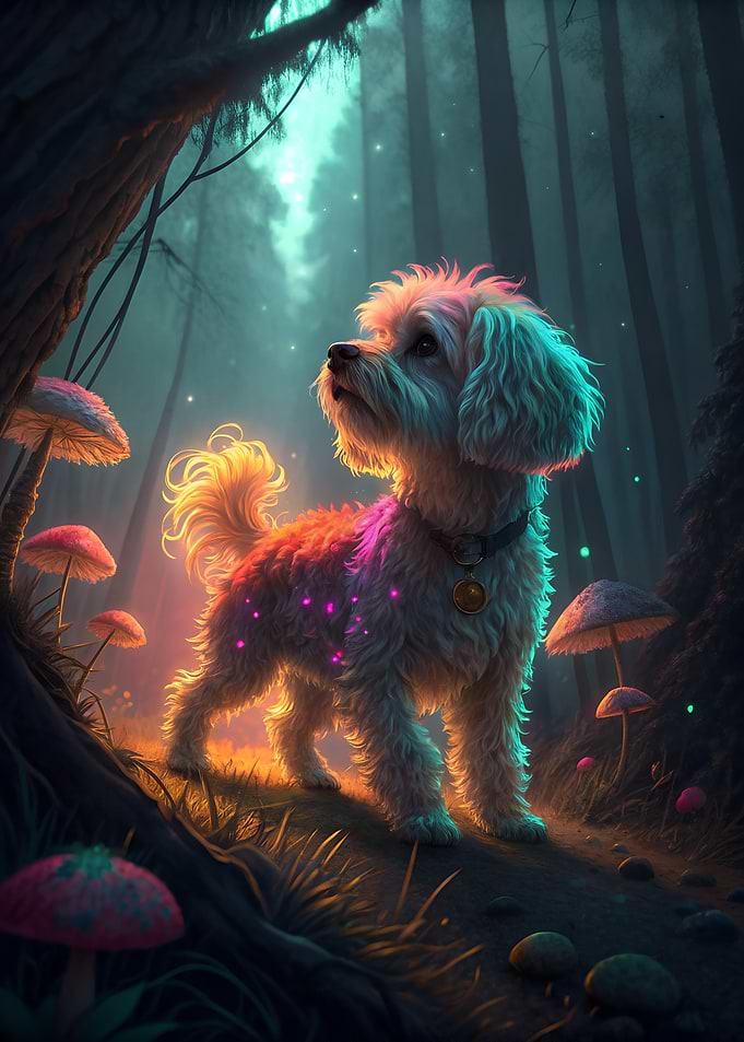 Glowing Dog in Enchanted Forest